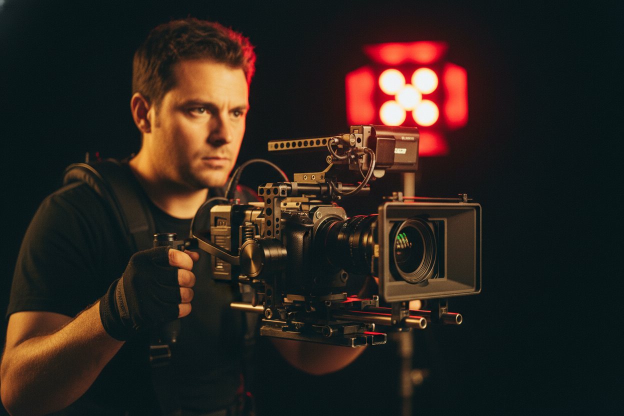 A camera operator framing a shot on a cinema rig, eye to the viewfinder.