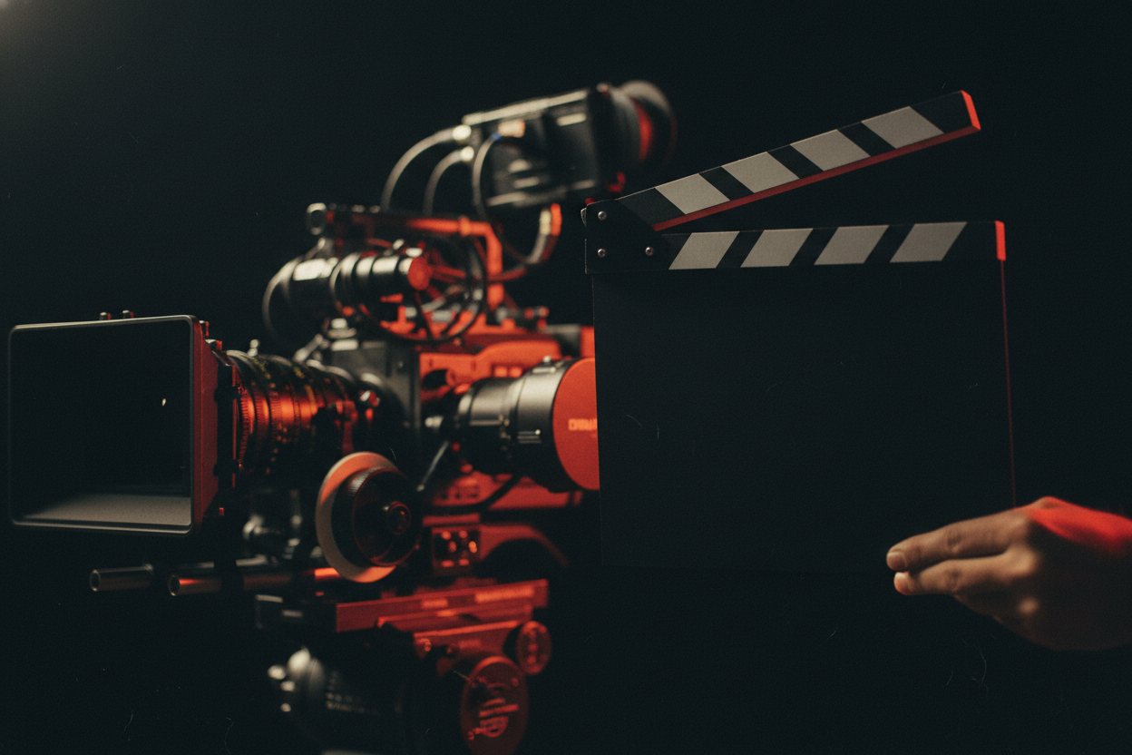 A clapperboard snapping shut in front of a cinema camera, action about to begin.