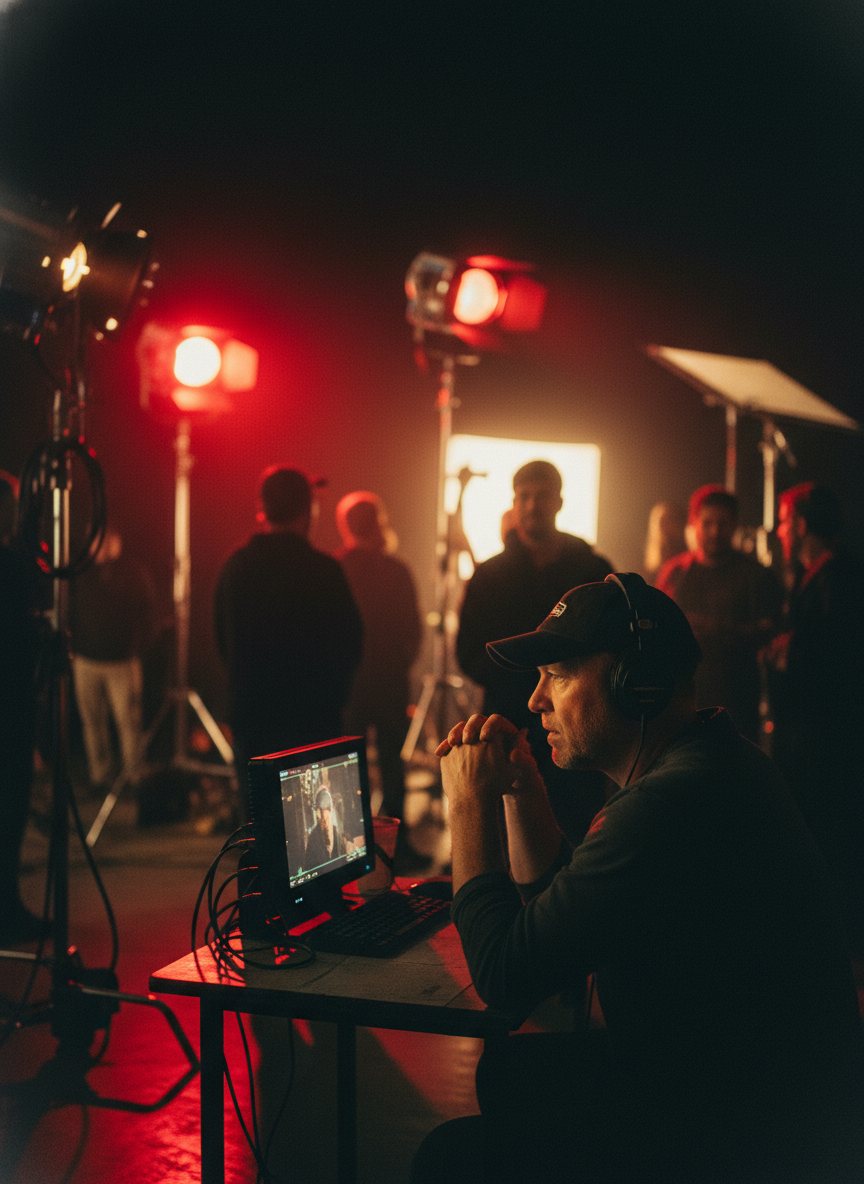 A director reviewing a take on a monitor on a film set, crew lit in warm and red tones.