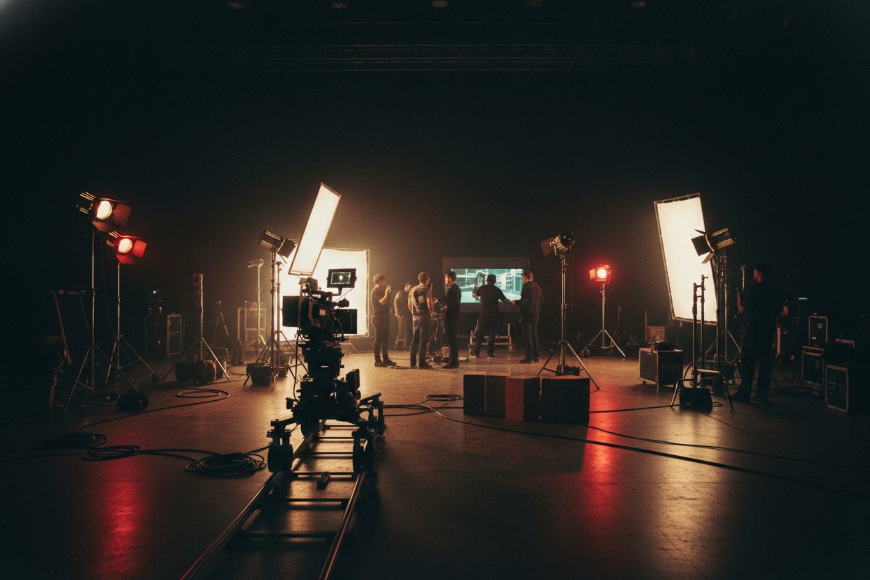 A buzzing film set with crew, lights, and a cinema camera ready to roll.