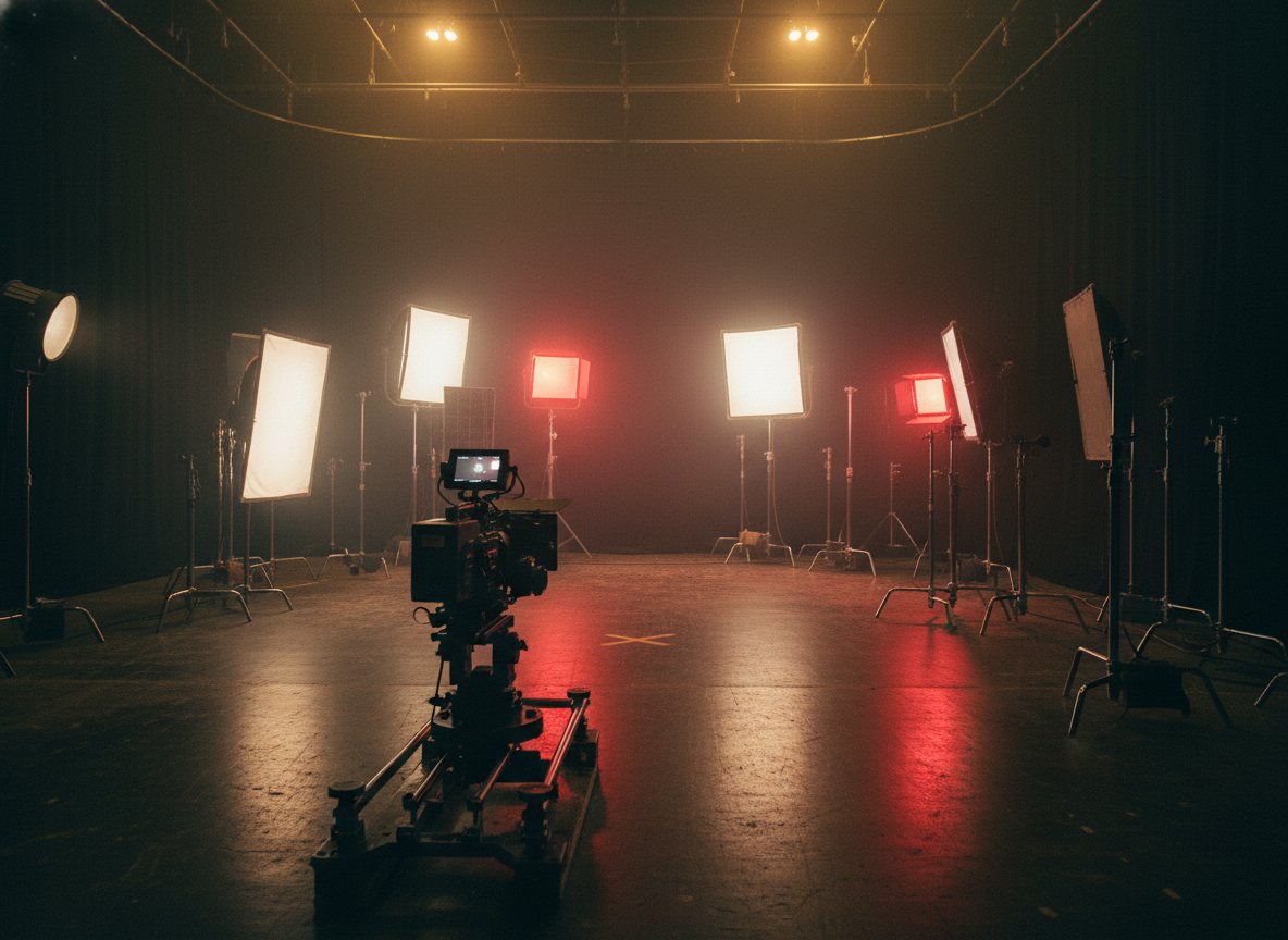 A lit studio set with C-stands, softboxes, and a cinema camera ready for a scene.