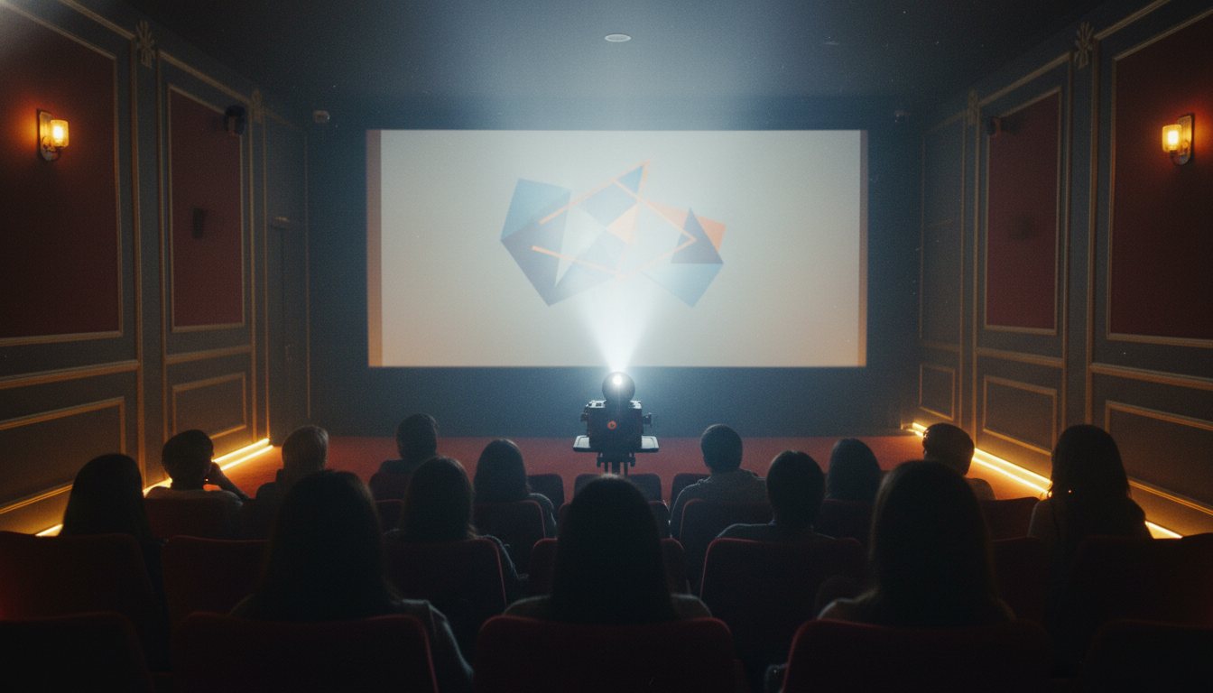 A cohort screening — a short film projected to a small audience, red-carpet glow.